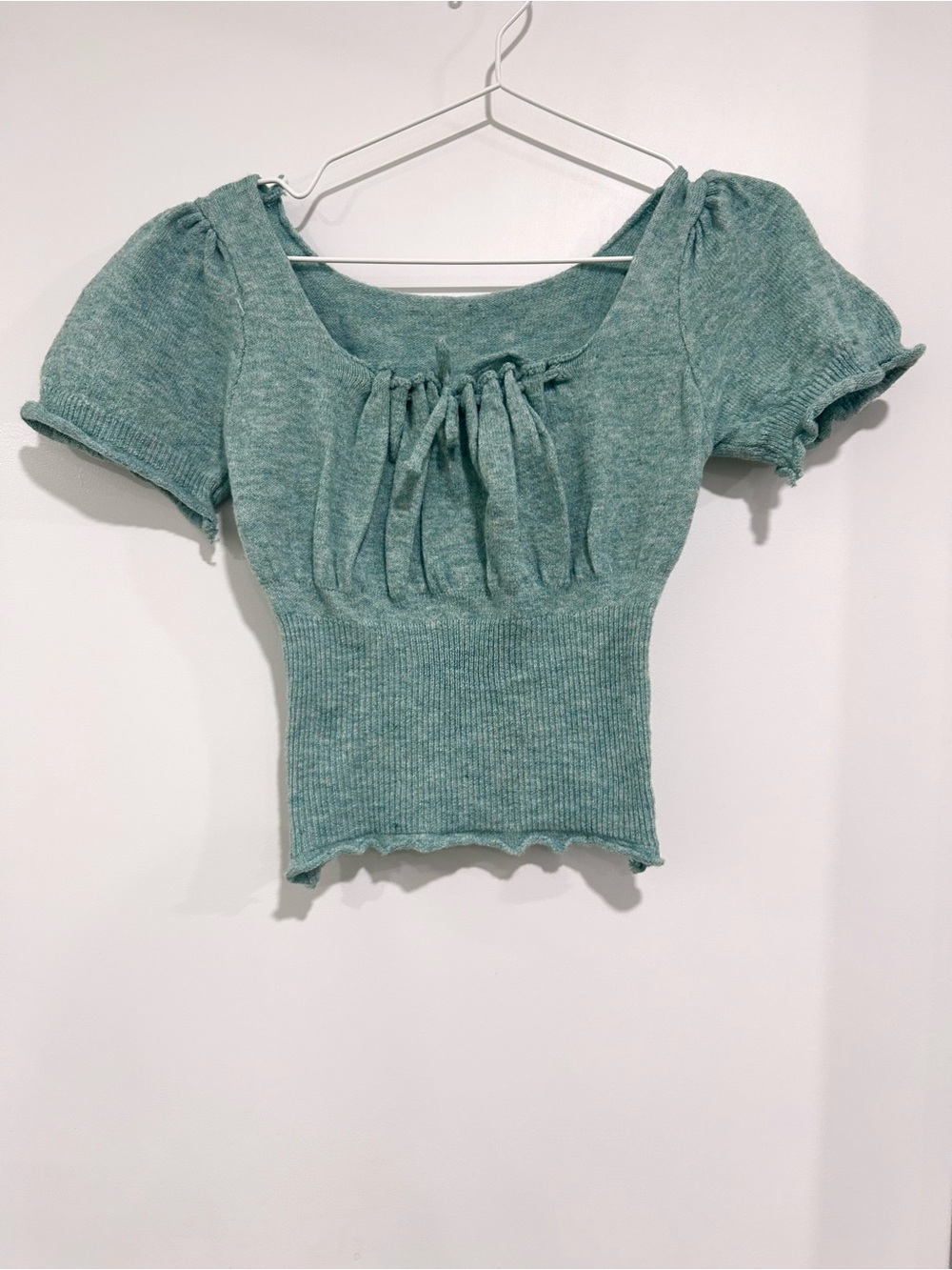 Knit Puff-Sleeve Square Neck Top in Seafoam Green